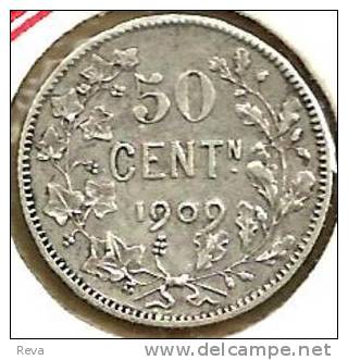 BELGIUM 50 CENTIMES WREATH FRONT LEOPOLD HEAD DUTCH LEGEND BACK 1909 AG SILVER KM61.1 VF READ DESCRIPTION CAREFULLY !!! - 50 Cent