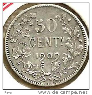 BELGIUM 50 CENTIMES WREATH FRONT LEOPOLD HEAD DUTCH LEGEND BACK 1909 AG SILVER KM61.1 VF READ DESCRIPTION CAREFULLY !!! - 50 Centimes