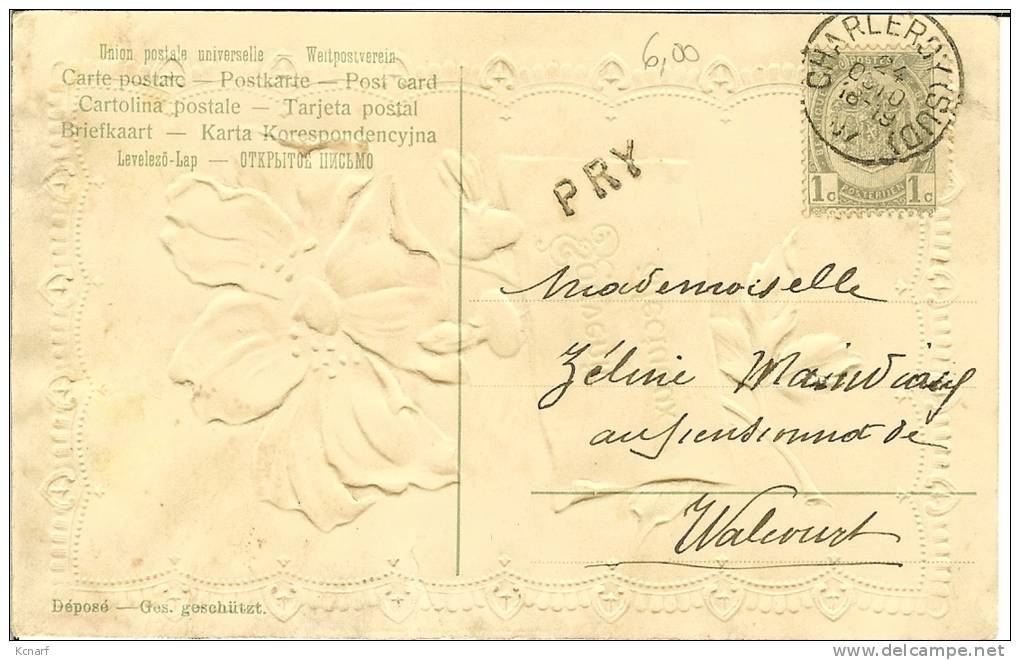 CP Avec Fleur Et Griffe De PRY " Cachet Charleroy ( Sud ) Pour Walcourt " . - Linear Postmarks