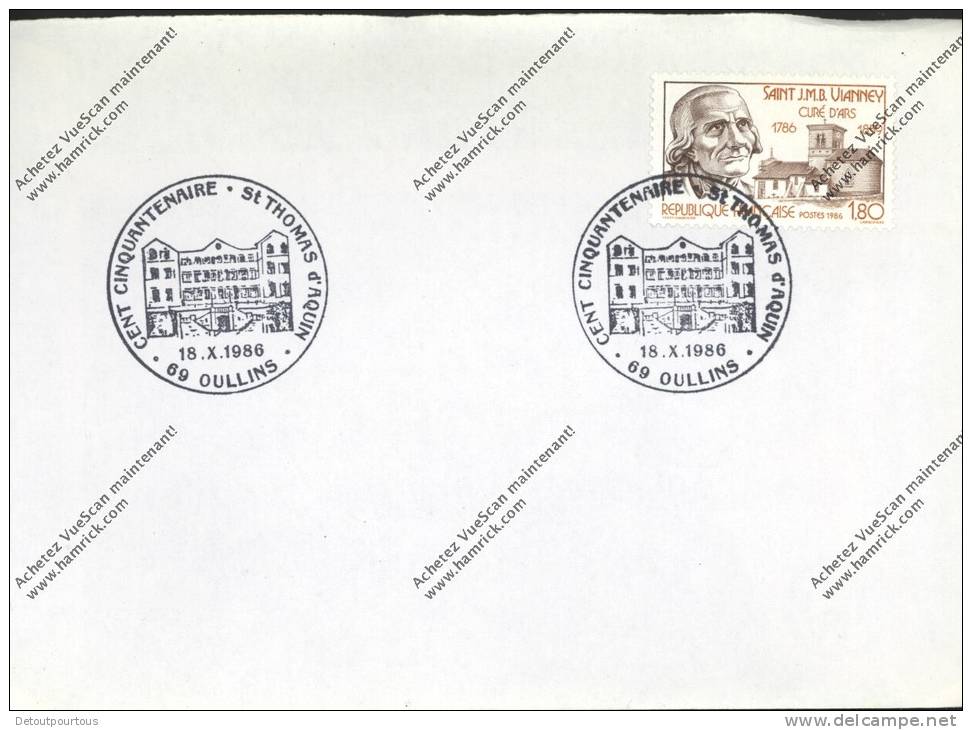 Enveloppe Cachet Cent Cinquentenaire St Thomas D'Aquin OULLINS 69 1986 Sur Timbre Curé D'Ars ST Jean Marie Vianney - Treni