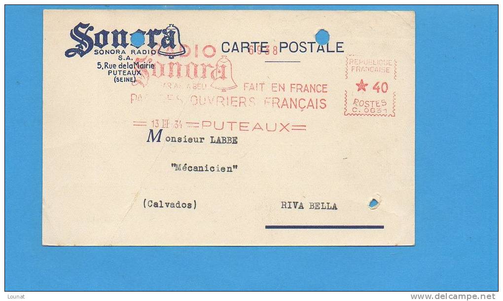 92 PUTEAUX : Sonora Radio 5 Rue De La Mairie (corresponadnce Pour RIVA BELLA  14) - Puteaux