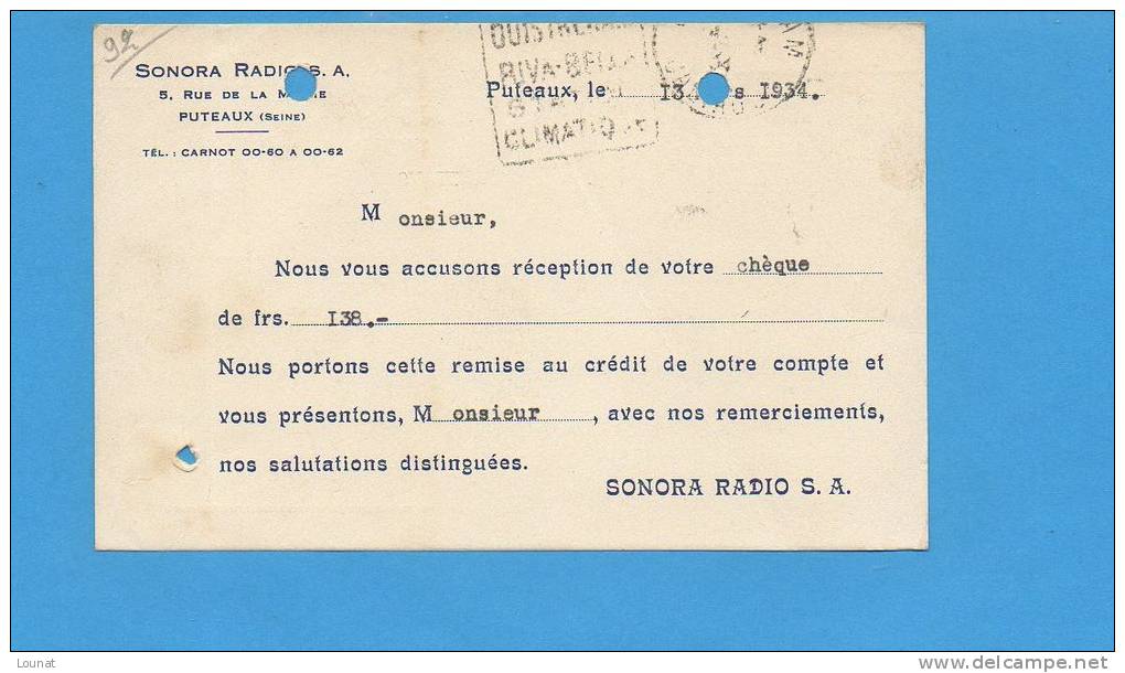 92 PUTEAUX : Sonora Radio 5 Rue De La Mairie (corresponadnce Pour RIVA BELLA  14) - Puteaux