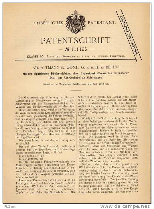 Original Patentschrift - Altmann & Comp. GmbH In Berlin , 1898 , Ausrückhebel An Motorwagen , Automobile !!! - Cars
