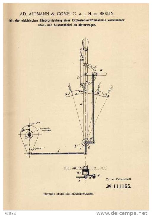 Original Patentschrift - Altmann & Comp. GmbH In Berlin , 1898 , Ausrückhebel An Motorwagen , Automobile !!! - Cars
