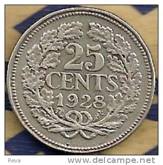 NERTHERLANDS 25 CENTS WREATH FRONT QUEEN HEAD BACK 1928 AG SILVER KM164 VF READ DESCRIPTION CAREFULLY !!! - 25 Cent