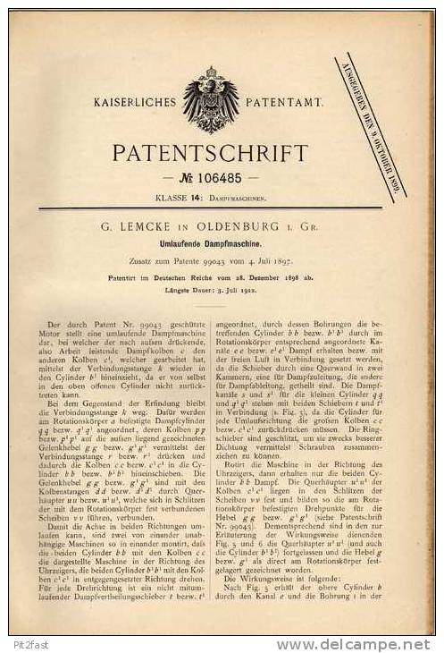 Original Patentschrift - G. Lemcke In Oldenburg I. Gr., 1898 , Dampfmaschine !!! - Machines