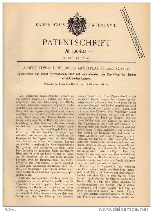 Original Patentschrift - A. Morris In Montreal , 1898 , Cigarrenband , Cigarre , Cigarrenring , Zigarre !!! - Bauchbinden (Zigarrenringe)