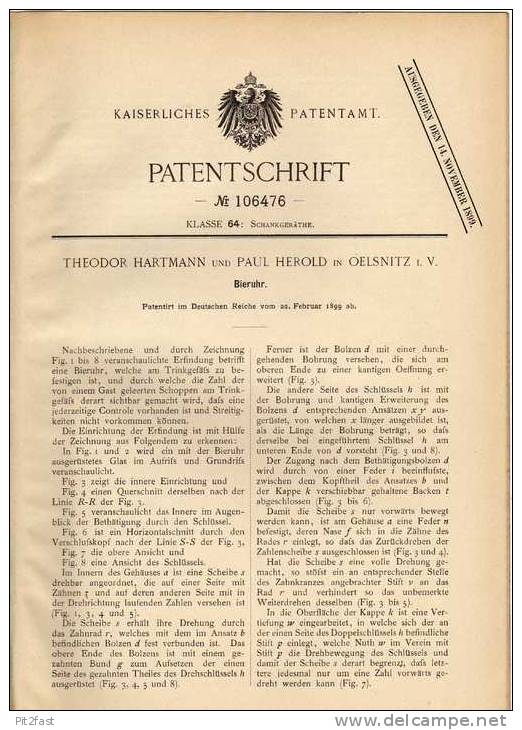 Original Patentschrift - P. Herold In Oelsnitz I.V., 1899 , Bieruhr , Uhr , Bier , Kneipe , Schänke !!! - Other & Unclassified