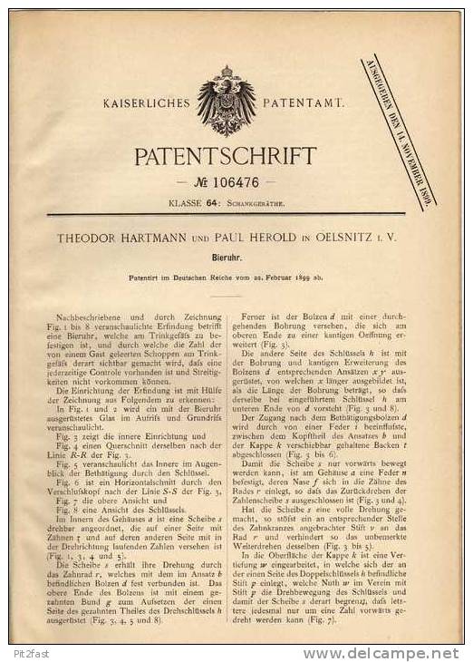 Original Patentschrift - P. Herold In Oelsnitz I.V., 1899 , Bieruhr , Uhr , Bier , Kneipe , Schänke !!! - Sonstige & Ohne Zuordnung