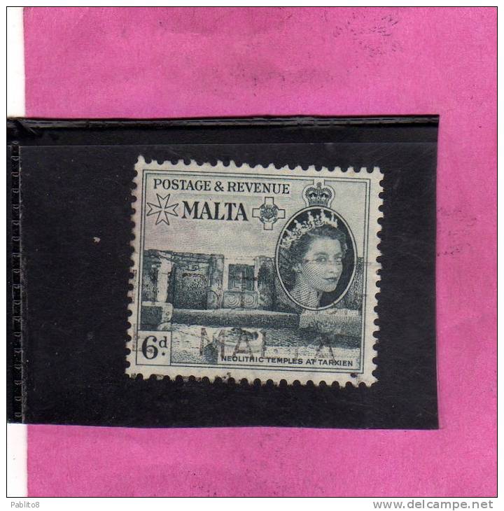 MALTA GREAT BRITAIN GRAN BRETAGNA 1956 QUEEN ELISABETH II NEOLITHIC TEMPLES TARXIEN - REGINA ELISABETTA TEMPLI USED - Malta (...-1964)