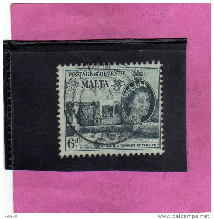 MALTA GREAT BRITAIN GRAN BRETAGNA 1956 QUEEN ELISABETH II NEOLITHIC TEMPLES TARXIEN - REGINA ELISABETTA TEMPLI USED - Malta (...-1964)