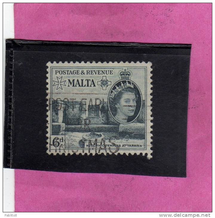 MALTA GREAT BRITAIN GRAN BRETAGNA 1956 QUEEN ELISABETH II NEOLITHIC TEMPLES TARXIEN - REGINA ELISABETTA TEMPLI USED - Malta (...-1964)