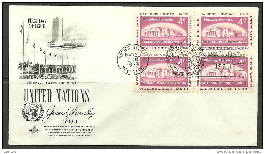 United Nations New York  30.03.1959 FDC Naciones Unidas UN General Assembly - Covers & Documents