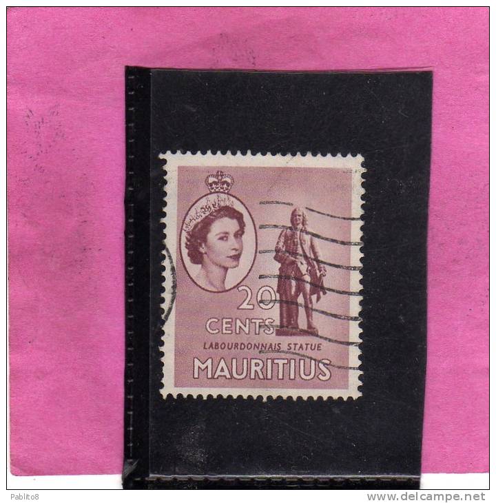 MAURITIUS GREAT BRITAIN 1953 QUEEN ELISABETH II Statue Of Mahe La Bourdonnais REGINA ELISABETTA CENT. 20c USED USATO OBL - Mauritius (...-1967)