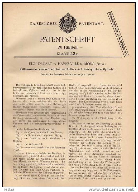 Original Patentschrift - E. Druart In Havre-Ville B. Mons , 1901 , Kolbenwassermesser Mit Beweglichem Cylinder !!! - Machines