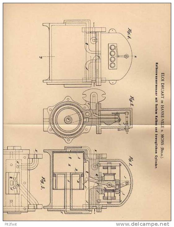 Original Patentschrift - E. Druart In Havre-Ville B. Mons , 1901 , Kolbenwassermesser Mit Beweglichem Cylinder !!! - Machines