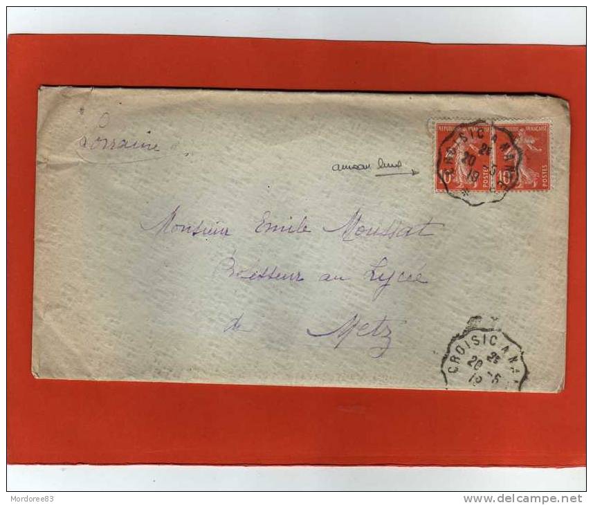 FRANCE CONVOYEUR CROISIC A NANTES SEMEUSE 10C X2 ANNEAU LUNE S/MAIN - Storia Postale