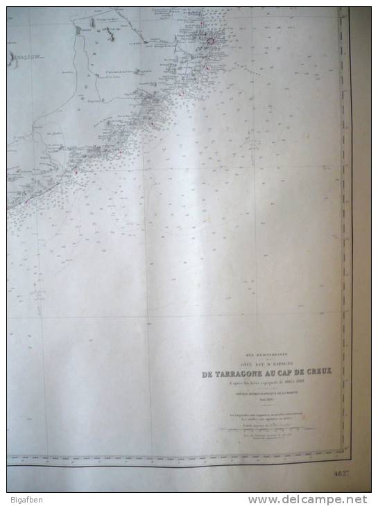 CARTE MARINE / 1939 / CÔTE EST D' ESPAGNE, De TARRAGONE Au CAP DE CREUX / 105 X 74,5 Cm / TBE - Cartes Marines