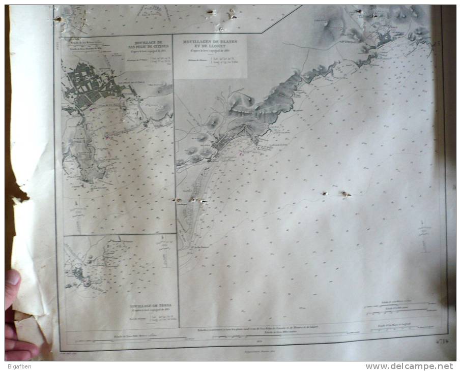 CARTE MARINE / 1955 / CÔTE EST D' ESPAGNE,  MOUILLAGES Entre Le CAP ST-SEBASTIEN Et BARCELONE / 52,5 X 74 Cm /état Moyen - Cartes Marines