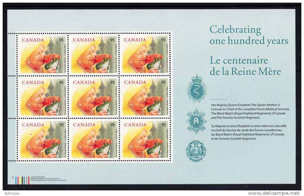 Canada MNH Scott #1856 Sheet Of 9 With Descriptive Border 95c Queen Mother's 100th Birthday - Feuilles Complètes Et Multiples