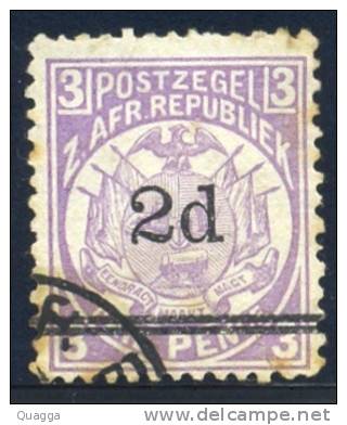 Transvaal 1887. 2d On 3d Mauve (p12½x12). SACC 199, SG 194. - Transvaal (1870-1909)