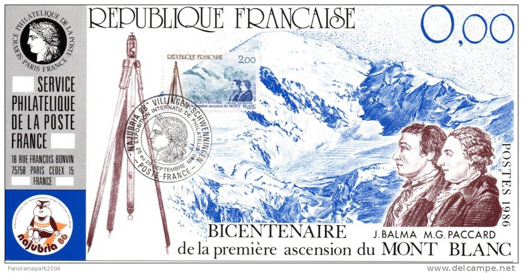 032 Carte Officielle Exposition Internationale Exhibition Najubria 1986 France FDC 200 Ans Ascension Mont Blanc Alpes - Expositions Philatéliques