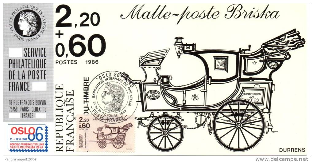 034 Carte Officielle Exposition Internationale Exhibition Oslo 1986 France FDC Calèche Coach Kutsche Poste Post - Briefmarkenausstellungen