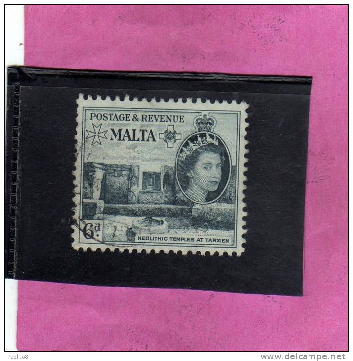 MALTA GREAT BRITAIN GRAN BRETAGNA 1956 QUEEN ELISABETH II NEOLITHIC TEMPLES TARXIEN - REGINA ELISABETTA TEMPLI USED - Malta (...-1964)