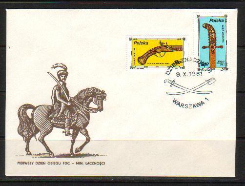 POLAND FDC 1981 STAMP DAY - OLD WEAPONS SET OF 2 Gun Pistol Sword Horses - FDC