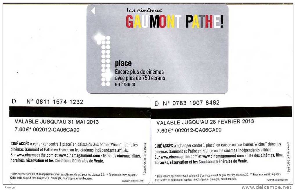 @+ Lot De 2 CINECARTES Pathé Gaumont - 1 Place - Verso Lettre D (Fevrier Et Mai 2013) - Cinécartes