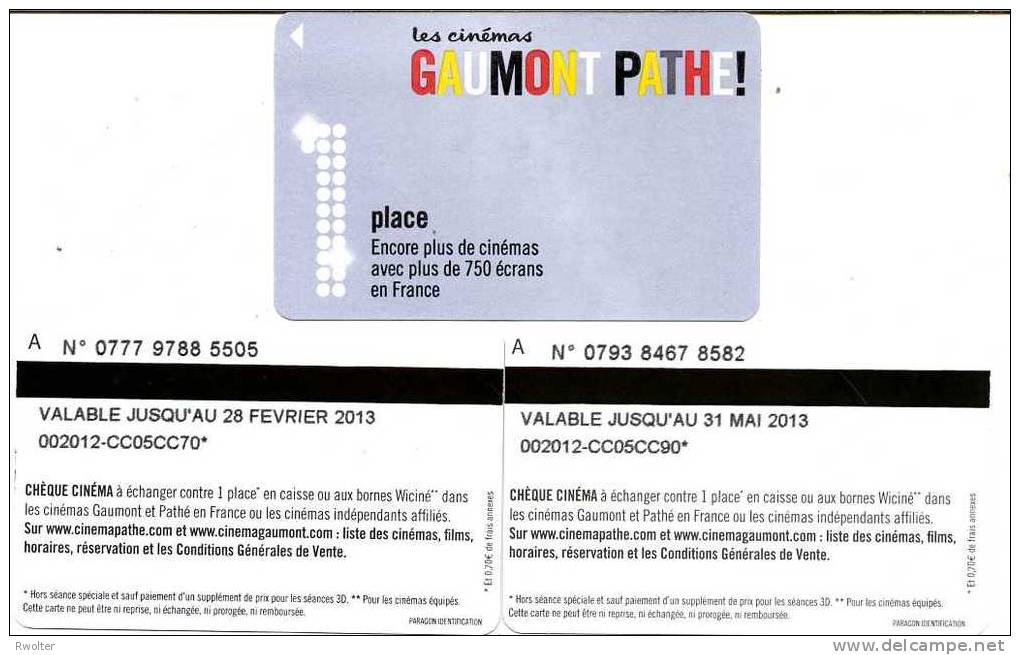 @+ Lot De 2 CINECARTES Pathé Gaumont - 1 Place - Verso Lettre A (Fevrier Et Mai 2013) - Cinécartes