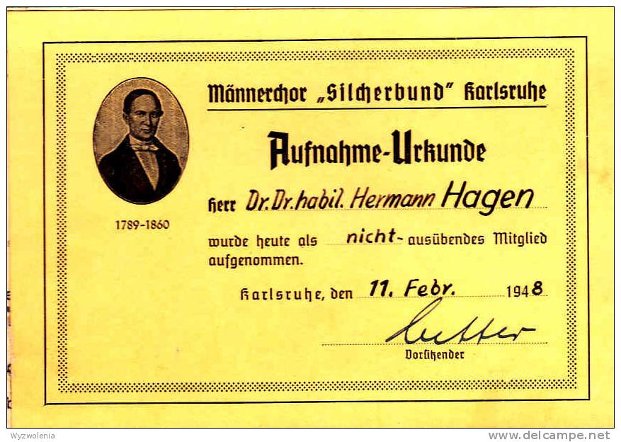 DV 521) Aufnahme-Urkunde Männerchor "Silcher Bund" Karlsruhe 1948 - Musik