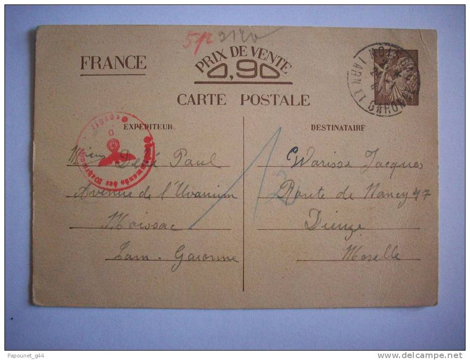 Entier Postal Type Iris 1941 Tarne Et Garonne à Destination Moselle Controlé Par Censure - Cartes Postales Types Et TSC (avant 1995)