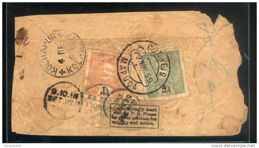 Portugese India 1899  Mapuca Cover With... India Missent Railway Label...Also Railway Cancellation # 08213 - Portuguese India