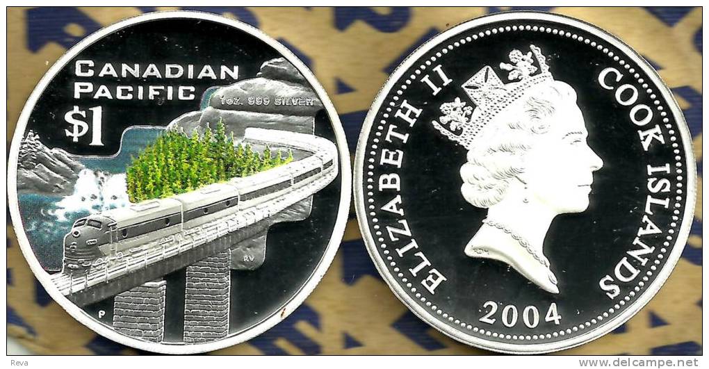 COOK ISLANDS $1 TRAIN CANADIAN PACIFIC FRONT QEII HEAD BACK 2004 PROOF 1Oz .999 SILVER READ DESCRIPTION CAREFULLY !!! - Isole Cook