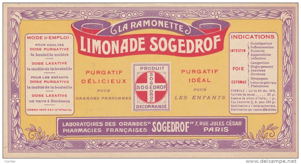 Tres Vielle Publicité Etiquette Limonade SOGEDROF ( La Ramonette) Paris - Sonstige & Ohne Zuordnung