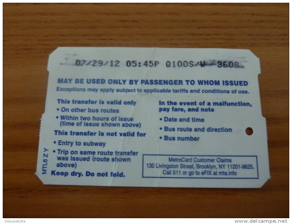 Ticket De Métro - Bus MTA "Metrocard Bus Transfer" New York Etats-Unis USA - Mundo