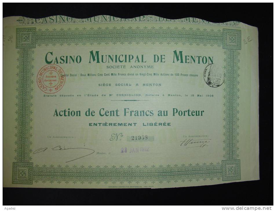 Action"Casino Municipal De Menton"1908 Bon état,reste Des Coupons - Casino