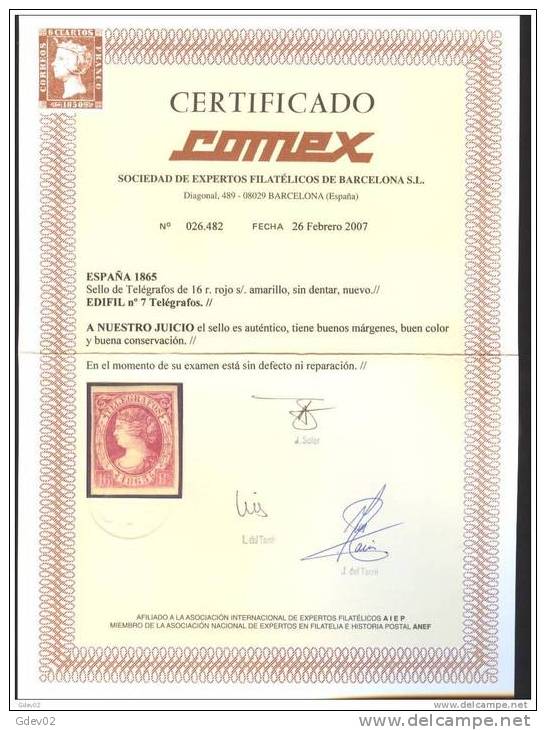 ESTGF7-3121TO.España Spain Espagne TELEGRAFOS .ISABEL Ll.1865 (Ed T7*) LUJO CERTIFICADO COMEX . - Sin Clasificación