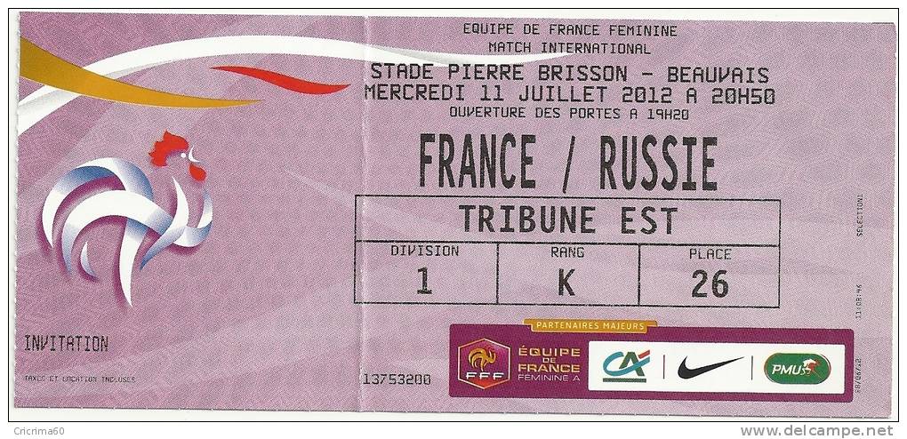 Billet D´entrée Du Match De Préparation De L´Equipe De FRANCE FEMININE OLYMPIQUE 2012 - FRANCE-RUSSIE. - Tickets - Vouchers