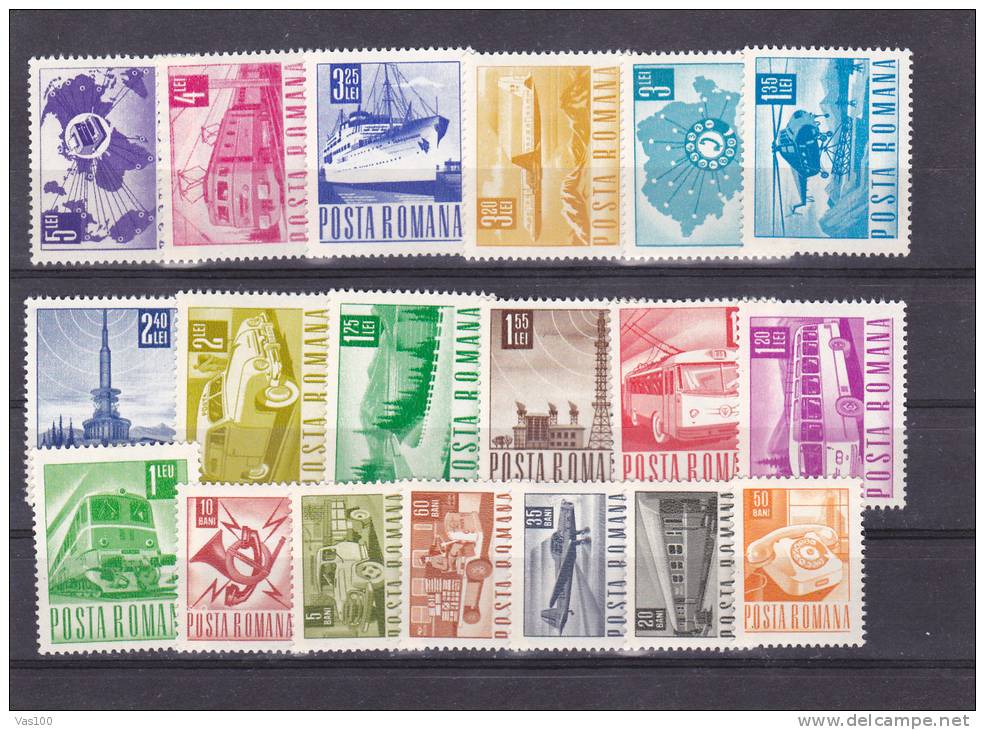 DEFINITIVE,TRAIN, SHIP,HELICOPTER,CARS,AIRPLANE,1968, Yv.2345-66,Mi.2639-57,  **MNH ROUMANIA. - Unused Stamps