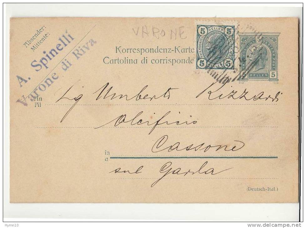 DB524-1905 Cartolina Postale VARONE Di RIVA Del GARDA-CASSONE Sul GARDA-timbro AUSTRIACO Di VARONE A BOTTE - Storia Postale (Posta Aerea)