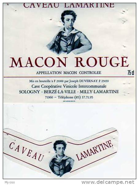 Etiquette De Vin Macon Rouge Caveau Lamartine Mis En Bouteille Par Joseph Duvernay, Cave Cooperative Vinicole Intercommu - Bourgogne