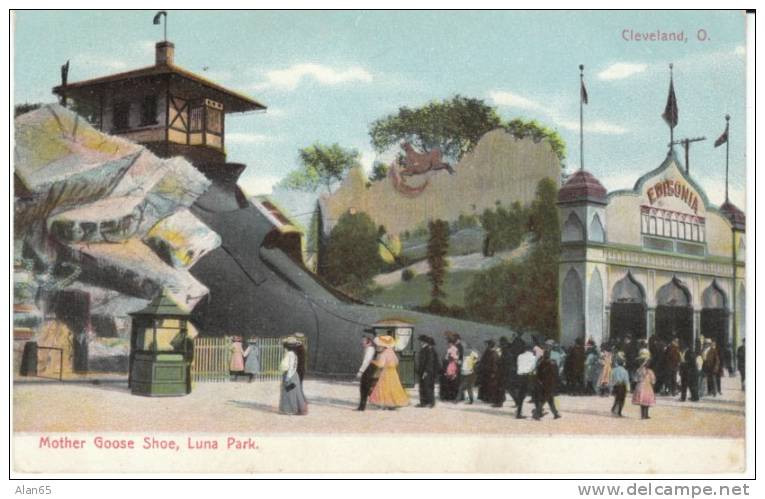 Cleveland OH Ohio, Mother Goose Shoe Luna Park Amusement Ride C1900s Vintage Postcard - Cleveland