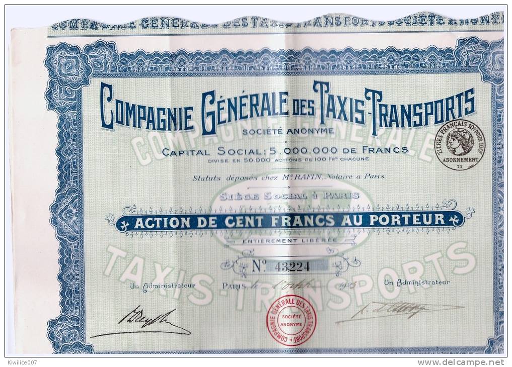 Action Compagnie Generale   Des Taxis  Transports - Transports