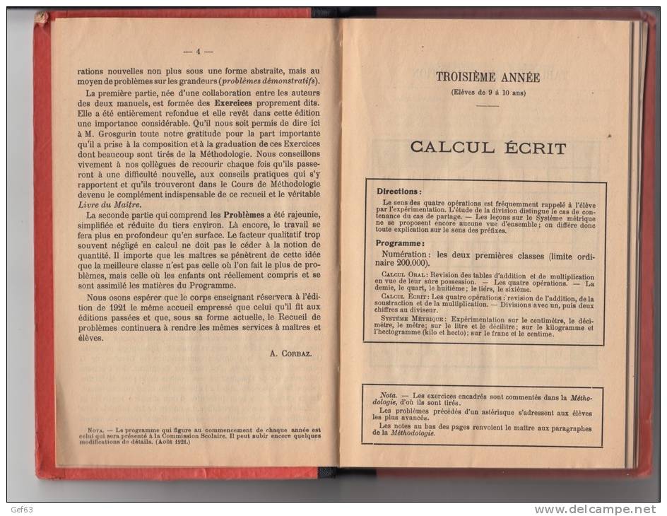 Exercies Et Problèmes D'arithmétique à L'usage Des écoles Primaires Par André Corbaz - Edition De 1921 - 6-12 Ans
