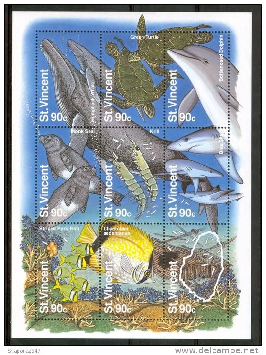 1995 St.Vincent Fauna Marina Pesci Fishes Fische Poissons Block MNH** C190 - Dolphins