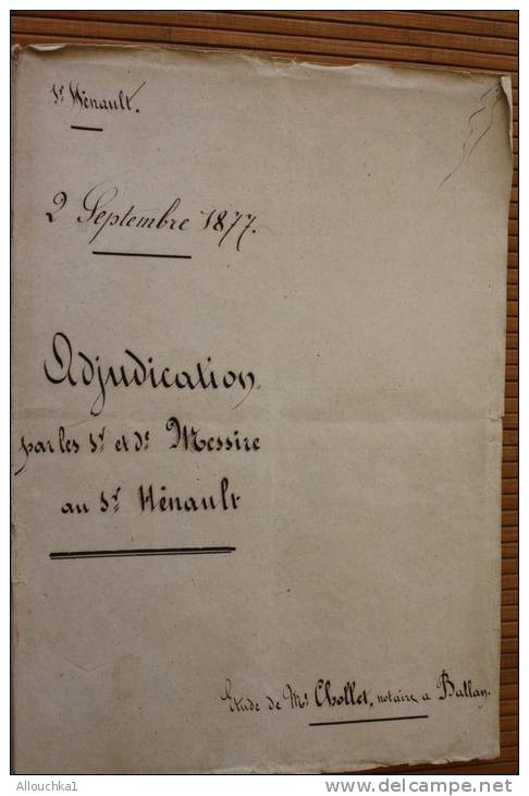 2/9/1877 MANUSCRIT Adjudication Notaire à Ballan-Montbazon Indre-et-Loire&gt;Saint-Symphorien-Ballan -Joué-lès-Tours-fis - Manuscripts