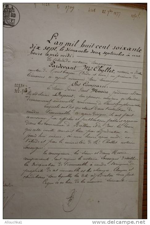 2/9/1877 MANUSCRIT Adjudication Notaire à Ballan-Montbazon Indre-et-Loire&gt;Saint-Symphorien-Ballan -Joué-lès-Tours-fis - Manuscripts