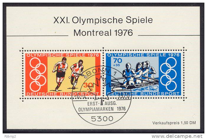 SUMMER OLYPICS MONTREAL - Germany 1976 - Souvenir Sheet Mi. Bl. 12 - First Day Issue Canc. Bonn - Hockey, Rowing - Ete 1976: Montréal